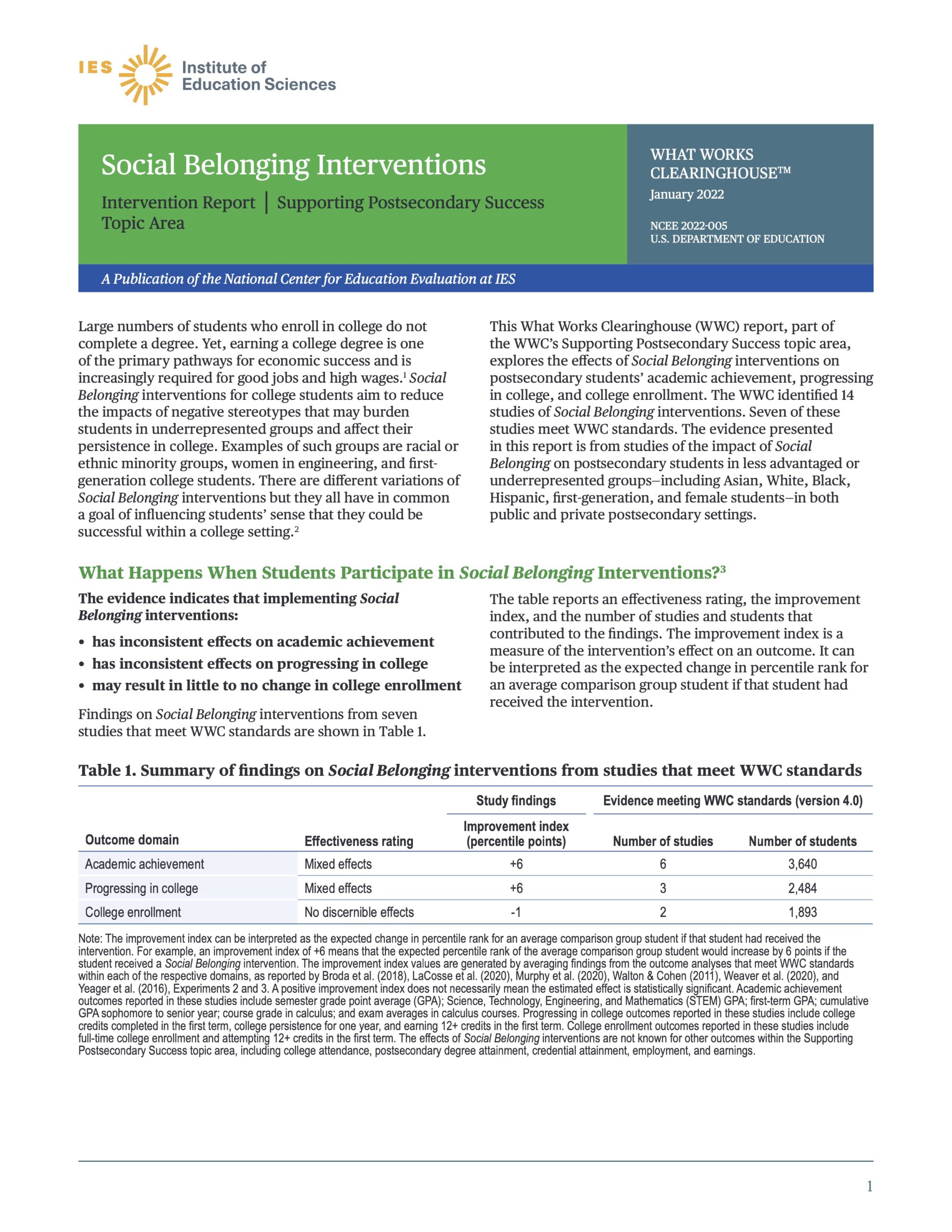 Thumbnail of cover: Intervention Report: Social Belonging Interventions