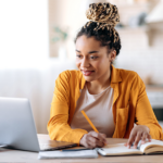 A woman participates in an online course.