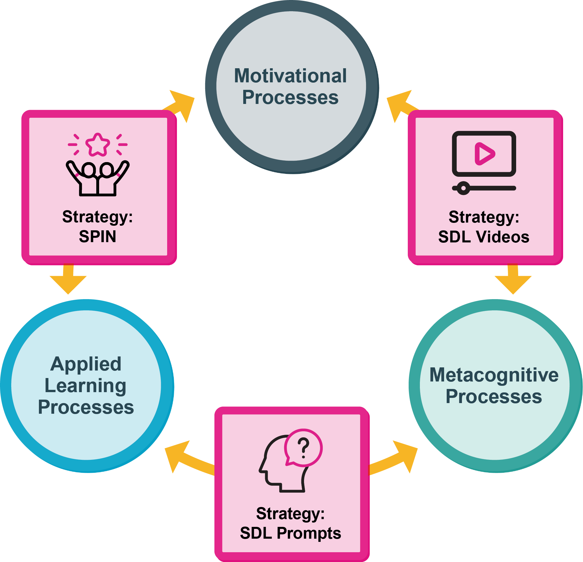 A graphic showing the interconnections between three instructional strategies and students' motivational, applied learning, and metacognitive processes.