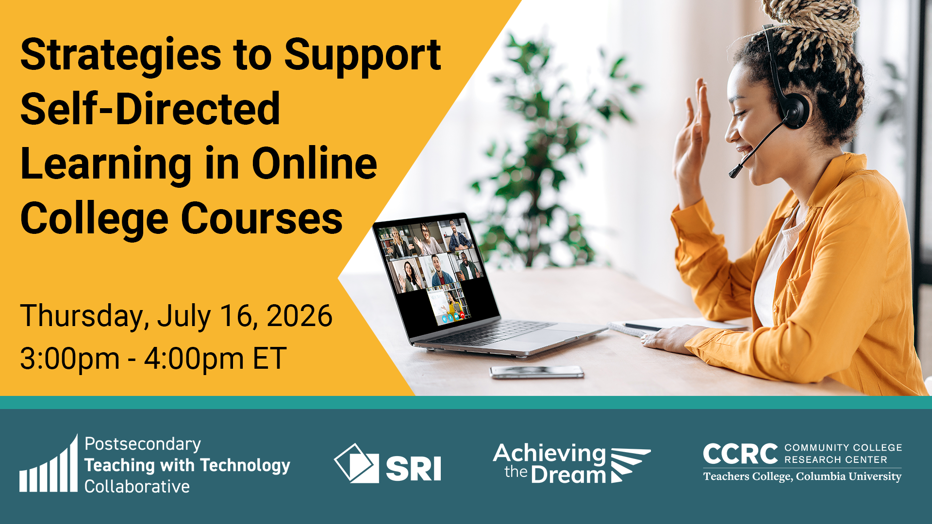 A banner advertising the webinar 'Strategies to Support Self-Directed Learning in Online College Courses'